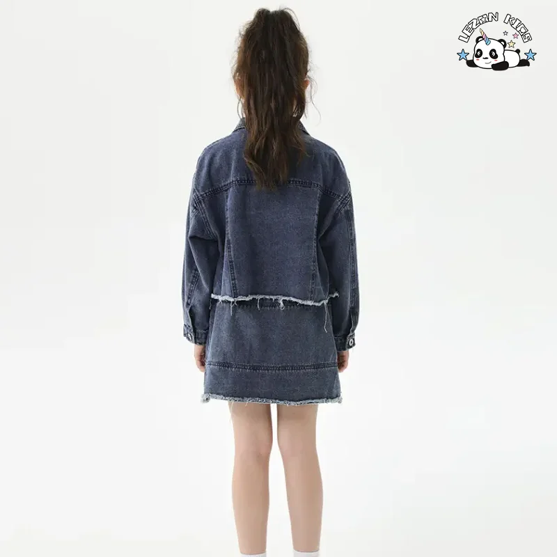 LEZONKIDS - Customizable Denim Long Sleeve Jacket Button Skirt Girls Two-piece Set Skirt Suit Kids Clothing Set